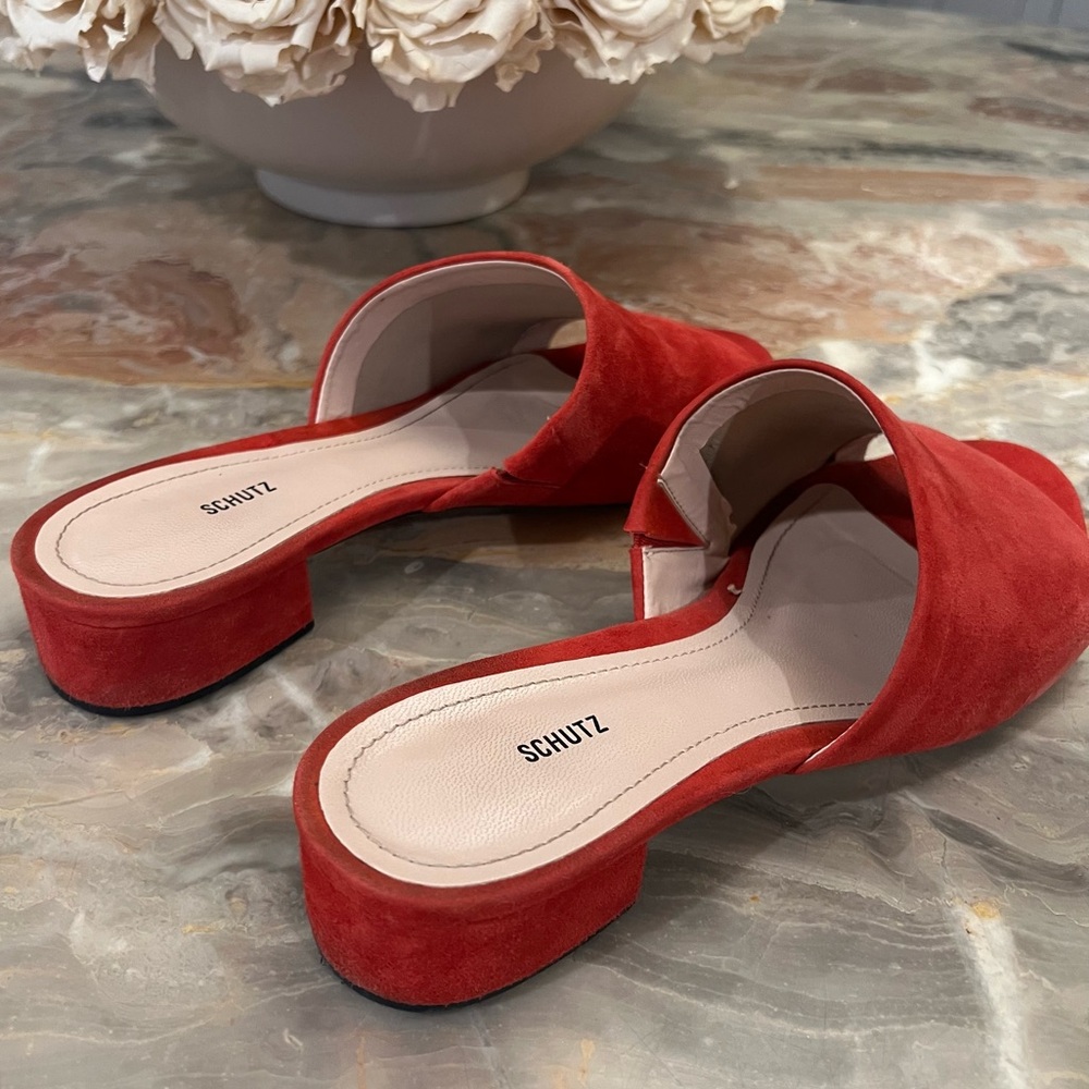 Schutz Red Suede Slide Sandals - Picture 6 of 8